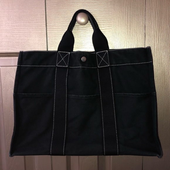 Hermès AUTHENTIC Black & White Stitch Toile Fourre Tout MM Large Canvas Tote Bag - Picture 2 of 16